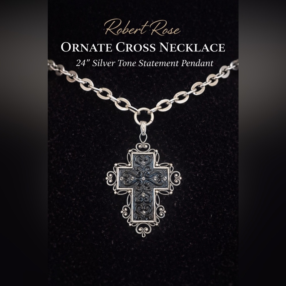 Robert Rose Whimsigoth Ornate Silver Cross Necklace Gothic Statement 24”
